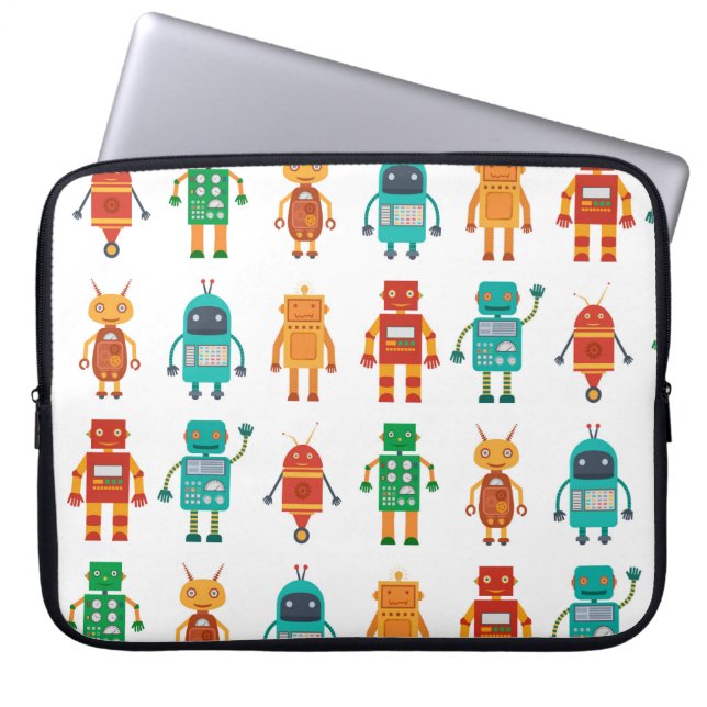 Seamless pattern from colourful retro robots in a  laptop sleeve (Front)