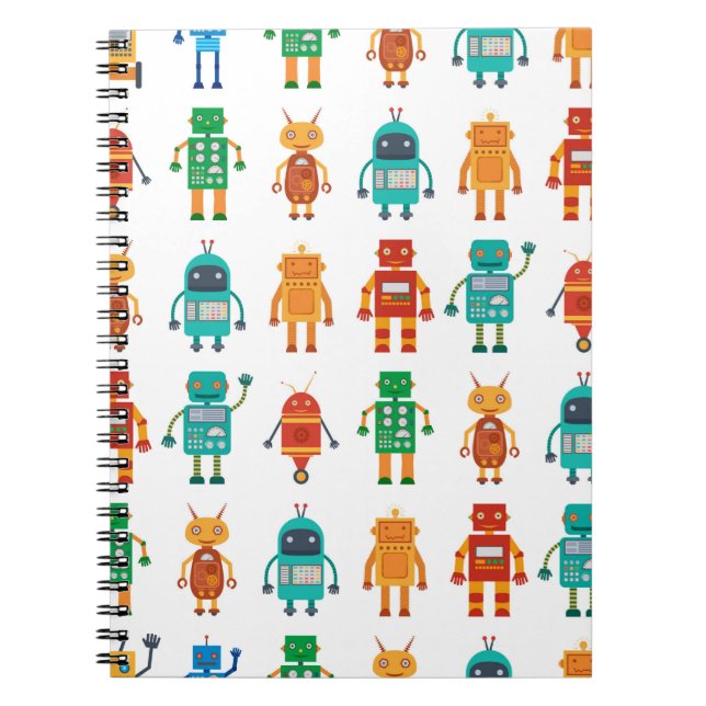 Seamless pattern from colourful retro robots in a  notebook (Front)