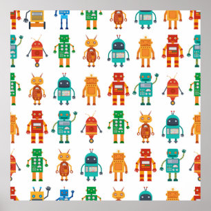 Seamless pattern from colourful retro robots in a  poster