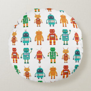 Seamless pattern from colourful retro robots in a round cushion