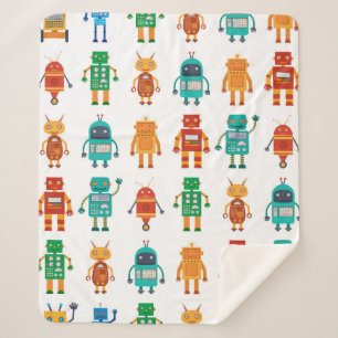 Seamless pattern from colourful retro robots in a sherpa blanket