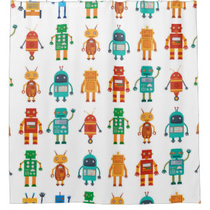 Seamless pattern from colourful retro robots in a  shower curtain