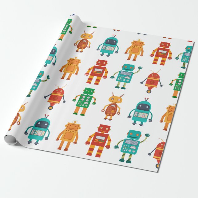 Seamless pattern from colourful retro robots in a  wrapping paper (Unrolled)