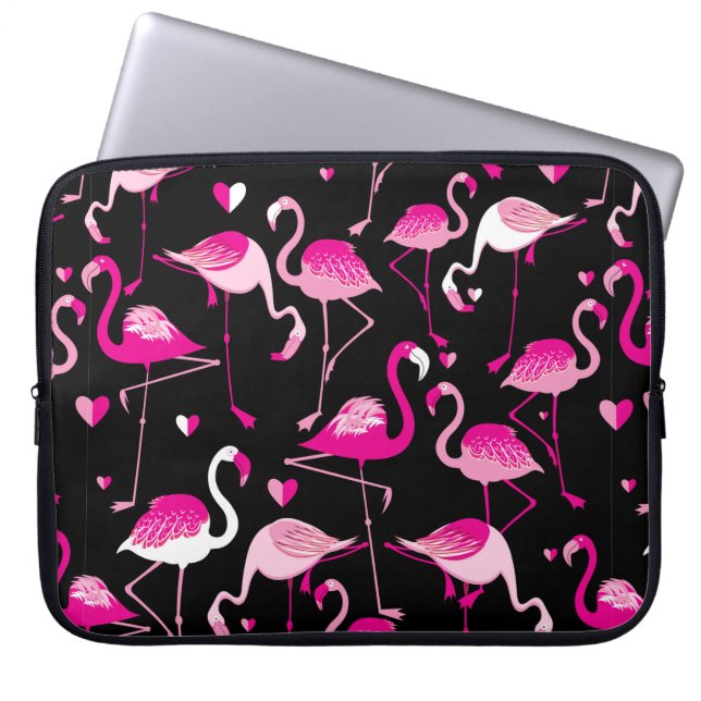 Seamless pattern from pink flamingos on a dark bac laptop sleeve (Front)
