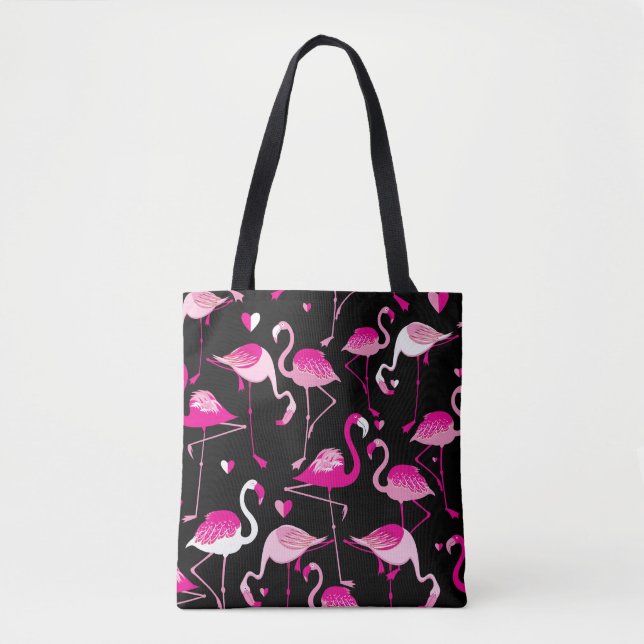 Seamless pattern from pink flamingos on a dark bac tote bag (Front)