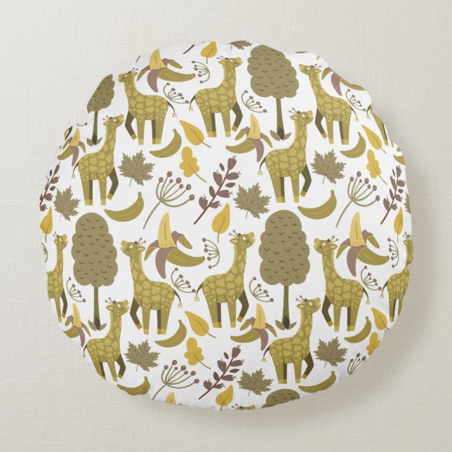 Seamless pattern Giraffe yellow white background Round Cushion (Front)
