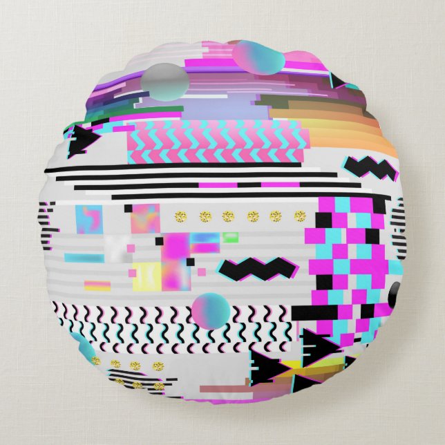 Seamless Pattern Glitch Design. Cyberpunk Digital  Round Cushion (Front)