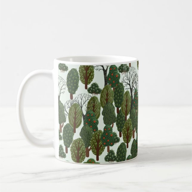 Seamless pattern, green forest with different tree coffee mug (Left)