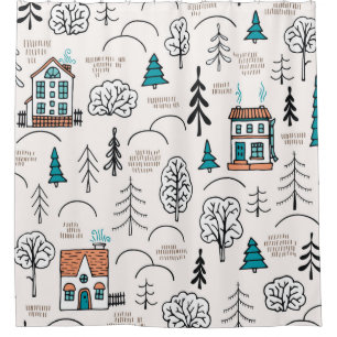 Seamless pattern in Scandinavian style. Small hous Shower Curtain