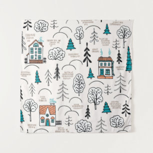 Seamless pattern in Scandinavian style. Small hous Tapestry