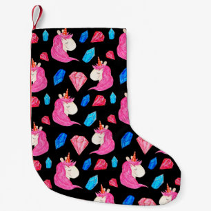 Seamless pattern of a magic unicorn with multicolo small christmas stocking