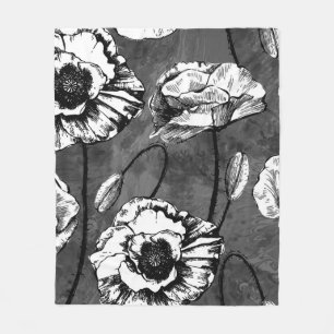 Seamless pattern of black and white poppies. Illus Fleece Blanket