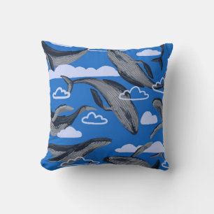 Seamless pattern of blue whales. Hand drawn vintag Cushion