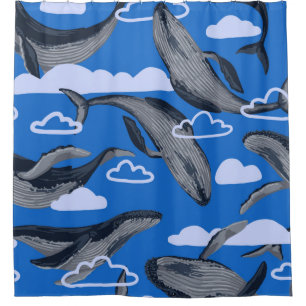 Seamless pattern of blue whales. Hand drawn vintag Shower Curtain