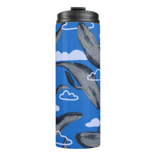 Seamless pattern of blue whales. Hand drawn vintag Thermal Tumbler