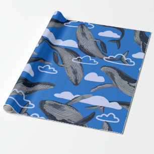 Seamless pattern of blue whales. Hand drawn vintag Wrapping Paper