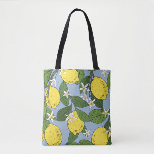 Seamless pattern of branches with lemons, green l tote bag