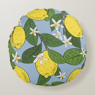 Seamless pattern of branches with lemons,green lea round cushion