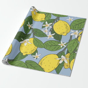 Seamless pattern of branches with lemons,green lea wrapping paper