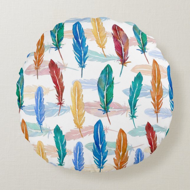 Seamless pattern of bright feathers painted in wat round cushion (Front)