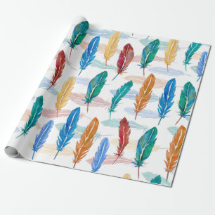 Seamless pattern of bright feathers painted in wat wrapping paper