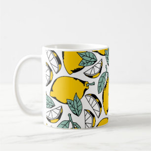 Seamless pattern of bright hand drawn lemons,halfs coffee mug