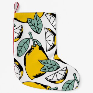 Seamless pattern of bright hand drawn lemons,halfs small christmas stocking