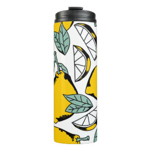 Seamless pattern of bright hand drawn lemons,halfs thermal tumbler