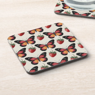 Seamless Pattern of Butterflies and Strawberries Coaster