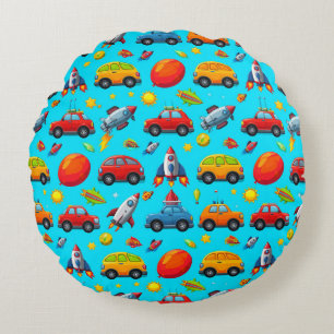 Seamless Pattern of Cars, Rockets, and Stars Round Cushion