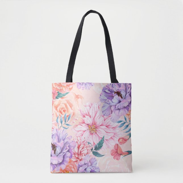 Seamless pattern of chrysanthemum, rose, peony and tote bag (Front)