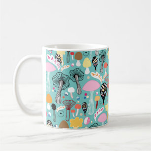 seamless pattern of colourful mushrooms on a green coffee mug