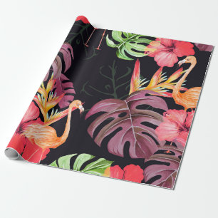 Seamless pattern of hibiscus flower,  flamingos an wrapping paper