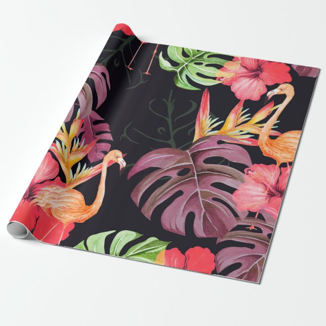 Seamless pattern of hibiscus flower,  flamingos an wrapping paper (Unrolled)