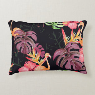 Seamless pattern of hibiscus flower, flamingos and decorative cushion