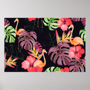 Seamless pattern of hibiscus flower, flamingos and poster