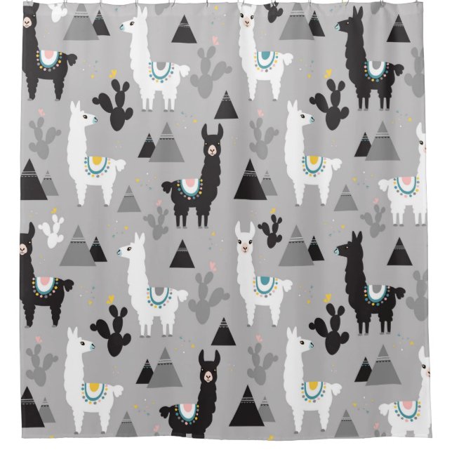 Seamless pattern of llama cactus and mountains shower curtain (Front)