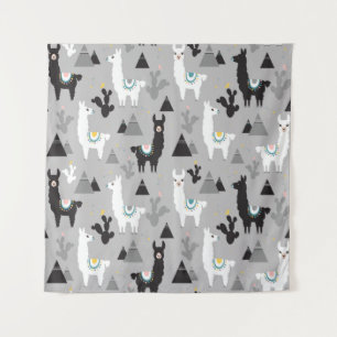 Seamless pattern of llama cactus and mountains tapestry