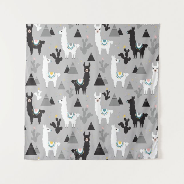 Seamless pattern of llama cactus and mountains tapestry (Front)