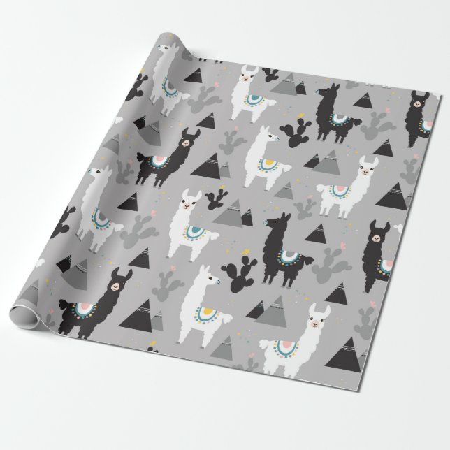 Seamless pattern of llama cactus and mountains wrapping paper (Unrolled)