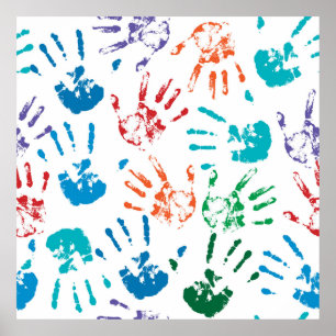 Seamless pattern of multicolored human hands on a poster