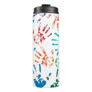 Seamless pattern of multicolored human hands on a thermal tumbler