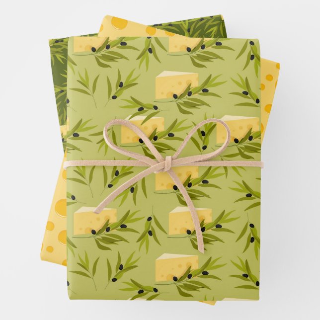 Seamless pattern of olive branches on a green back wrapping paper sheet (In situ)