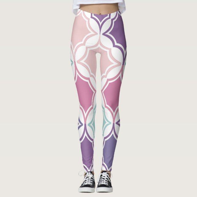 Seamless pattern of pastel coloured geometric shap leggings (Front)