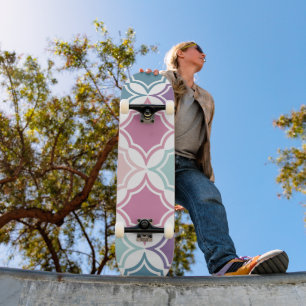 Seamless pattern of pastel coloured geometric shap skateboard