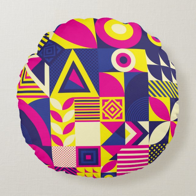 Seamless Pattern of Pop and Colourful Abstract Geo Round Cushion (Front)