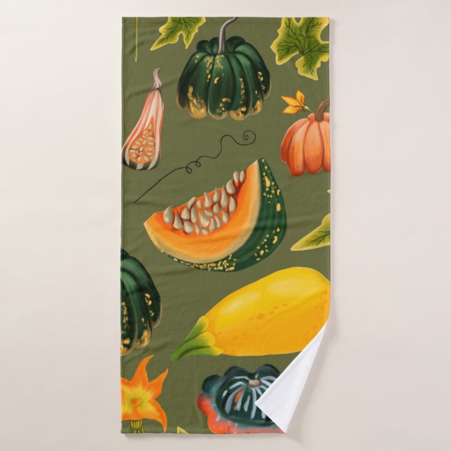 Seamless pattern of pumpkins and leaves on a green bath towel (Bath Towel)