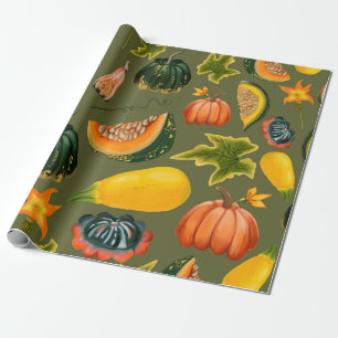 Seamless pattern of pumpkins and leaves on a green wrapping paper