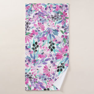 Seamless pattern of purple flowers and berries,blu bath towel