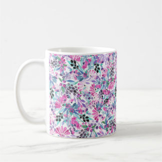 Seamless pattern of purple flowers and berries,blu coffee mug